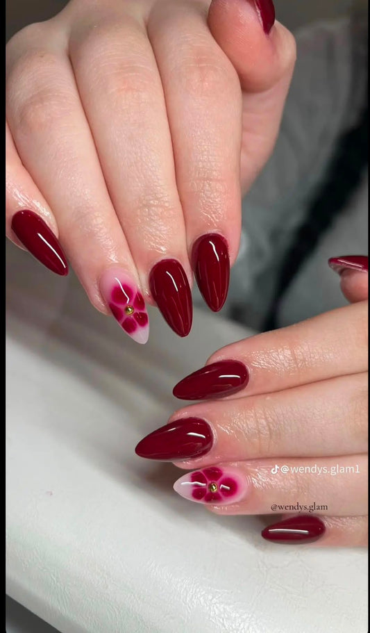 Gel X Press On Maroon Nails - floral accent design