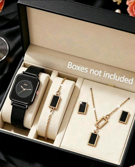 Women's 5-piece watch and jewelry set in black – square dial