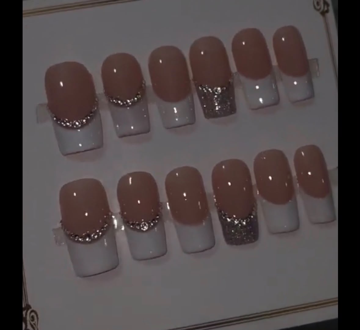 Gel X Press On French Fancy Tip Nails - rhinestone and glitter accent