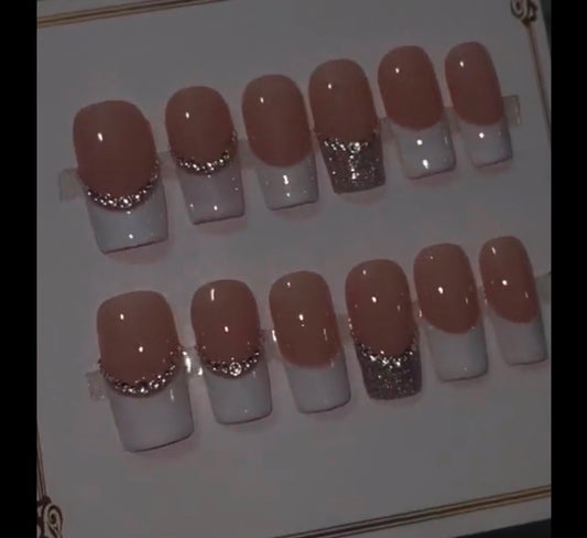 Gel X Press On French Fancy Tip Nails - rhinestone and glitter accent