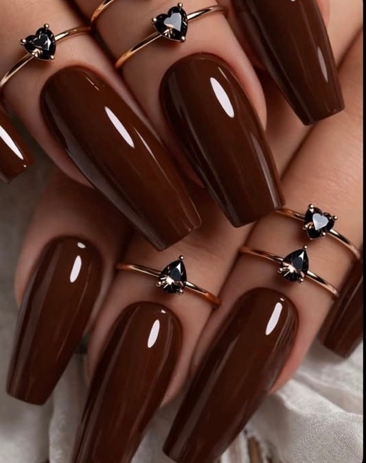 Gel X Press On Glossy Brown Nails - long coffin shape