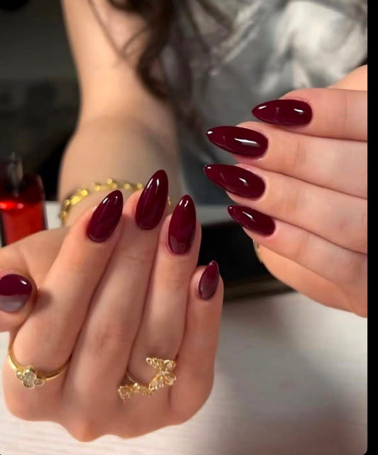 Gel X Press On Glossy Maroon Nails - long almond shape