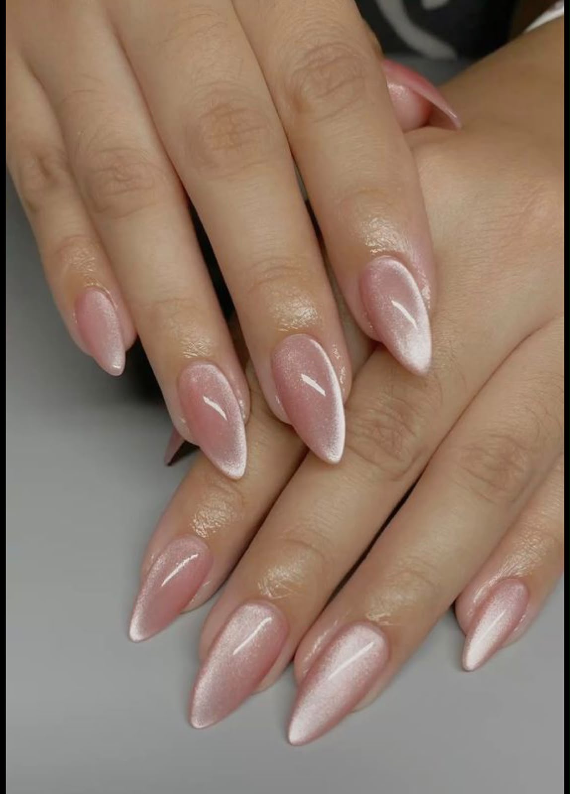 Gel X Press On Cat Eye Baby Pink Nails - almond shape with shimmer