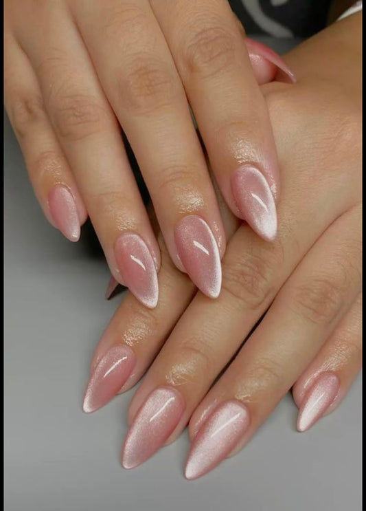 Gel X Press On Cat Eye Baby Pink Nails - almond shape with shimmer