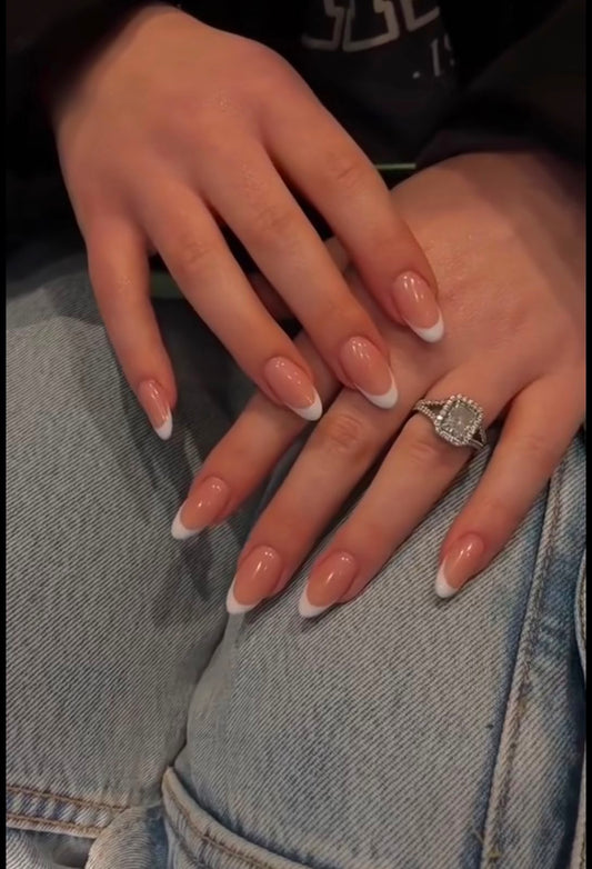 Gel X Press On Classic French Tip Nails - nude base with white tip almond shape