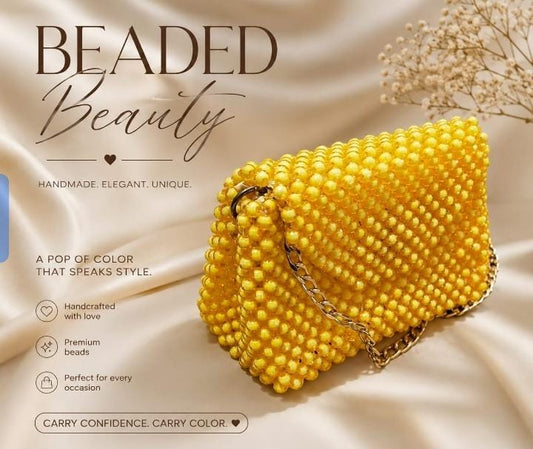 Handcrafted Beaded Beauty Bag - Sunshine Yellow with gold chain strap