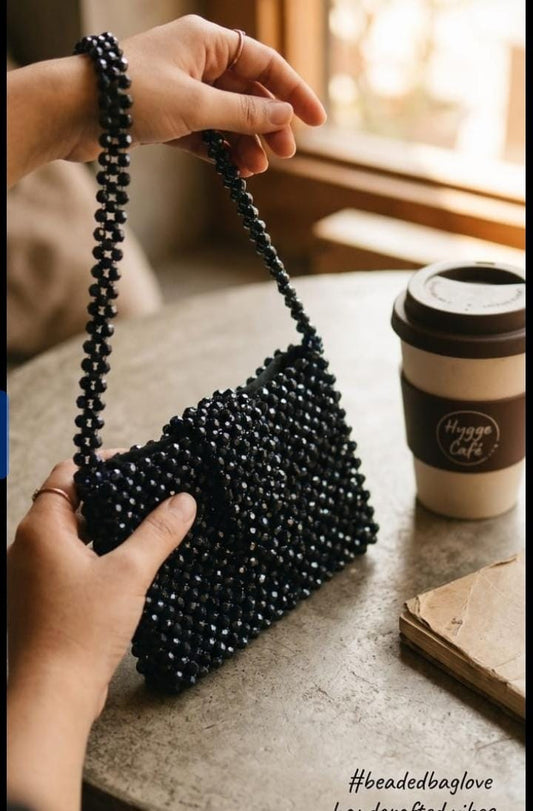 Handcrafted Beaded Beauty Bag - Jet Black crystal beads with beaded strap
