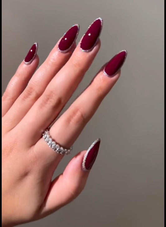 Gel X Press On Maroon Nails - silver glitter edge