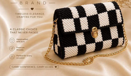 Handcrafted Crochet Chain Bag - Black and White Checkered