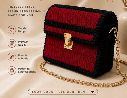 Handcrafted Crochet Chain Bag - Maroon and Black