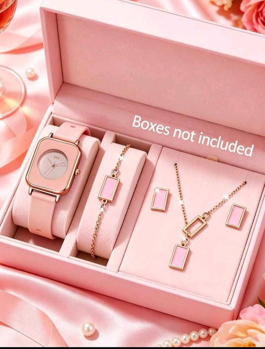 Women's 5-piece watch and jewelry set in pink – square dial